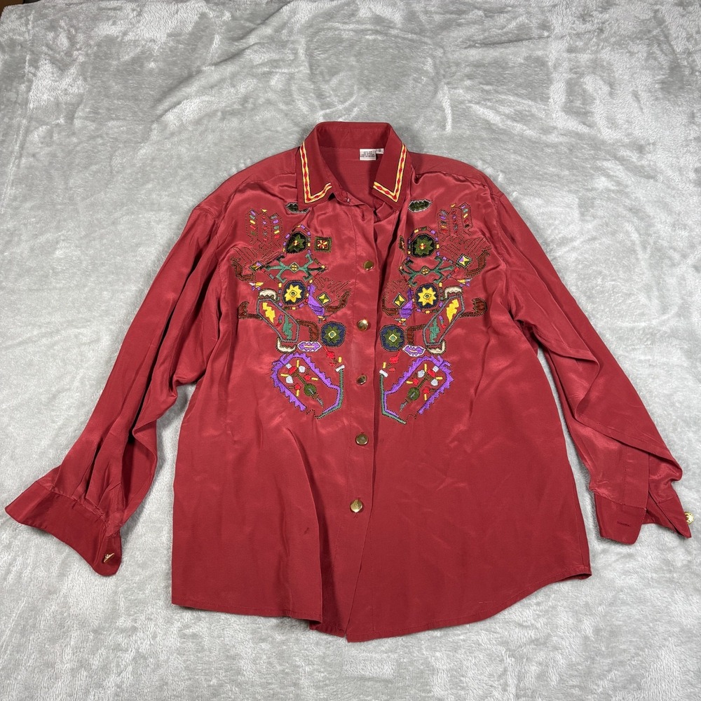 Vintage Western Shirt Womens 8‎ Red Silk Embroidered Boho Southwest Cowgirl 80s